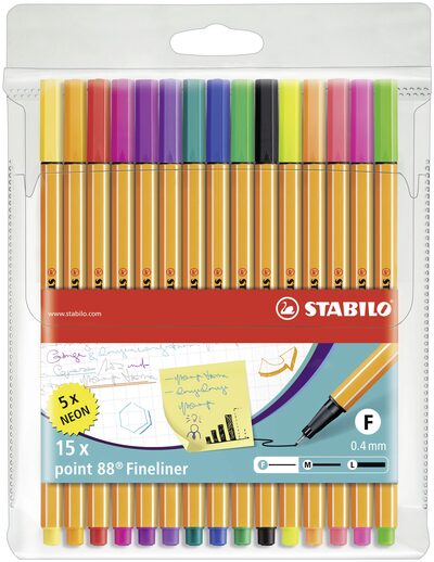 STABILO 8815-1 Fineliner - STABILO point 88 - 15er Pack - mit 15 verschiedenen Farben inklusive 5 Neonfarben