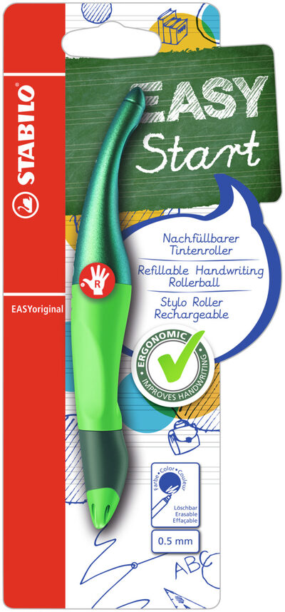 STABILO B-56835-5 Ergonomischer Tintenroller für Rechtshänder - STABILO EASYoriginal Holograph Edition in grün - Einzelstift - Schreibfarbe blau (löschbar) - inklusive Patrone