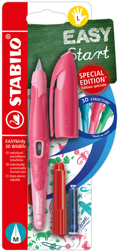 STABILO B-59261-3 Schulfüller ergonomisch für Linkshänder mit Standard-Feder M - STABILO EASYbirdy 3D Wildlife Special Edition in rosa - inklusive Patrone und Einstellwerkzeug