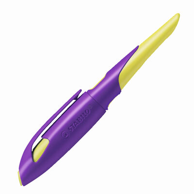 STABILO 5014/3-41 Ergonomischer Schulfüller für Rechtshänder mit Anfänger-Feder A - STABILO EASYbirdy in violett/gelb - Einzelstift - inklusive Patrone - Schreibfarbe blau (löschbar)