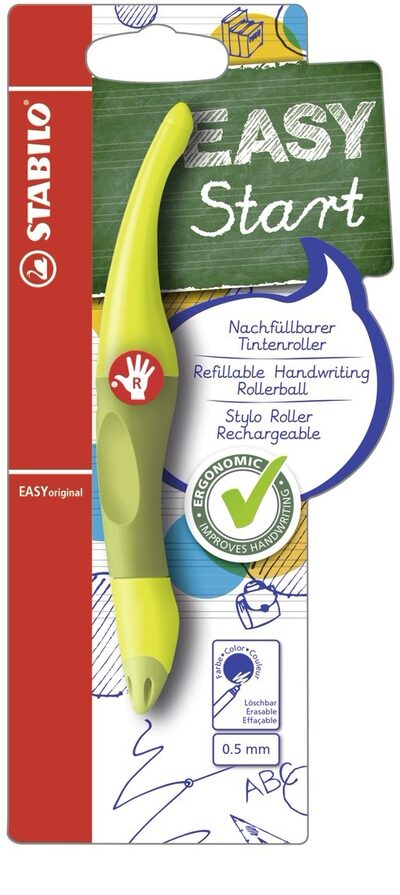 STABILO B-46849-5 Ergonomischer Tintenroller für Rechtshänder - STABILO EASYoriginal in limone/grün - Einzelstift - Schreibfarbe blau (löschbar) - inklusive Patrone