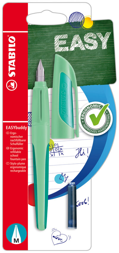 STABILO B-58776-5 Schulfüller mit Medium-Feder M - STABILO EASYbuddy Pastel in Minzgrün - Schreibfarbe blau (löschbar) - Einzelstift - inklusive Patrone