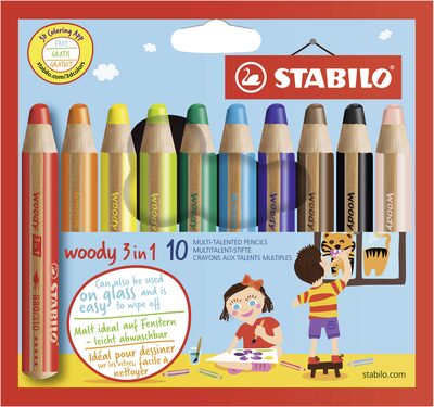 STABILO 880/10 Buntstift, Wasserfarbe & Wachsmalkreide - STABILO woody 3 in 1 - 10er Pack - mit 10 verschiedenen Farben