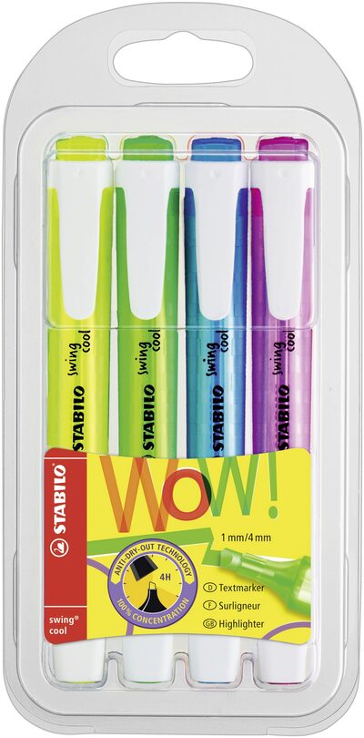 STABILO 275/4 Textmarker - STABILO swing cool - 4er Pack - gelb, grün, blau, pink