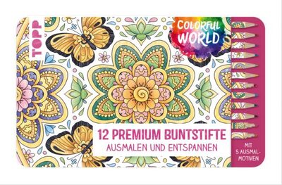 TOPP 18431 Colorful World Designdose mit 12 Buntstiften - 12 Premium Buntstifte mit weichen Minen und 10 Ausmalbildern in Designdose