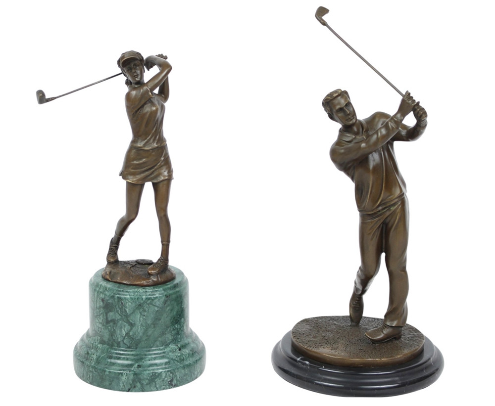 2er Set Bronzefiguren Golfer & Golferin Bronzeskulpturen 27 cm & 32,5 cm Stilvolle Golf-Dekoration
