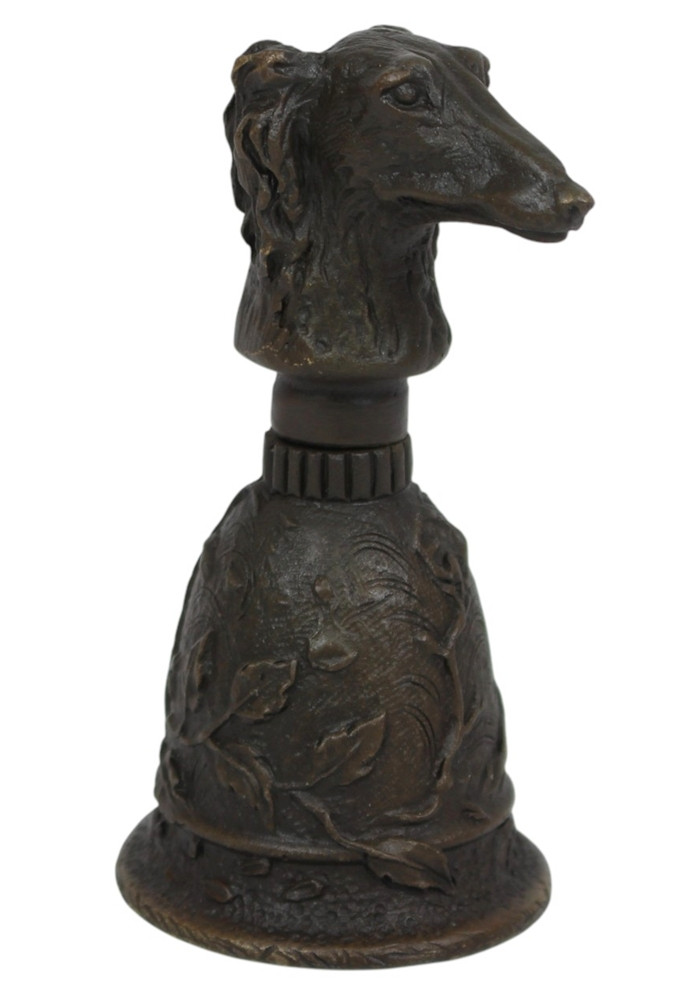 Bronzefigur Hund als Tischglocke H 9,8 cm Barsoi Windhund Bronze Handglocke mit Hundekopf Jugendstil