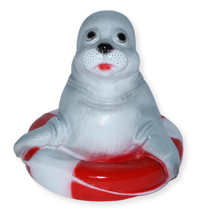 Deko Garten Figur Gartenfigur Tierfigur Teichfigur Seehund im Rettungsring aus Kunststoff Höhe 22 cm