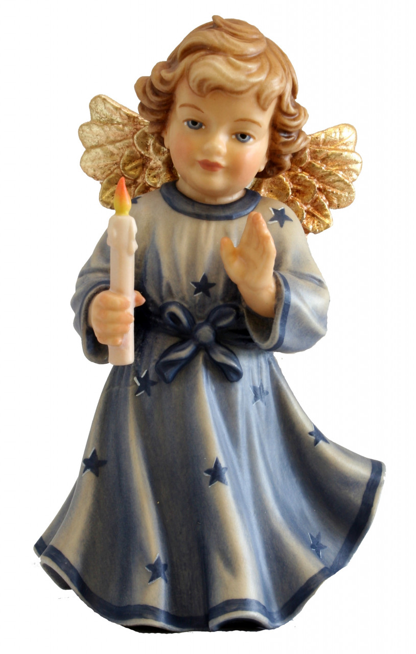 Schutzengel mit Kerze H 12 cm Engel mit blauem Kleid Holzfigur Deko Holzstatue Statue aus Ahornholz