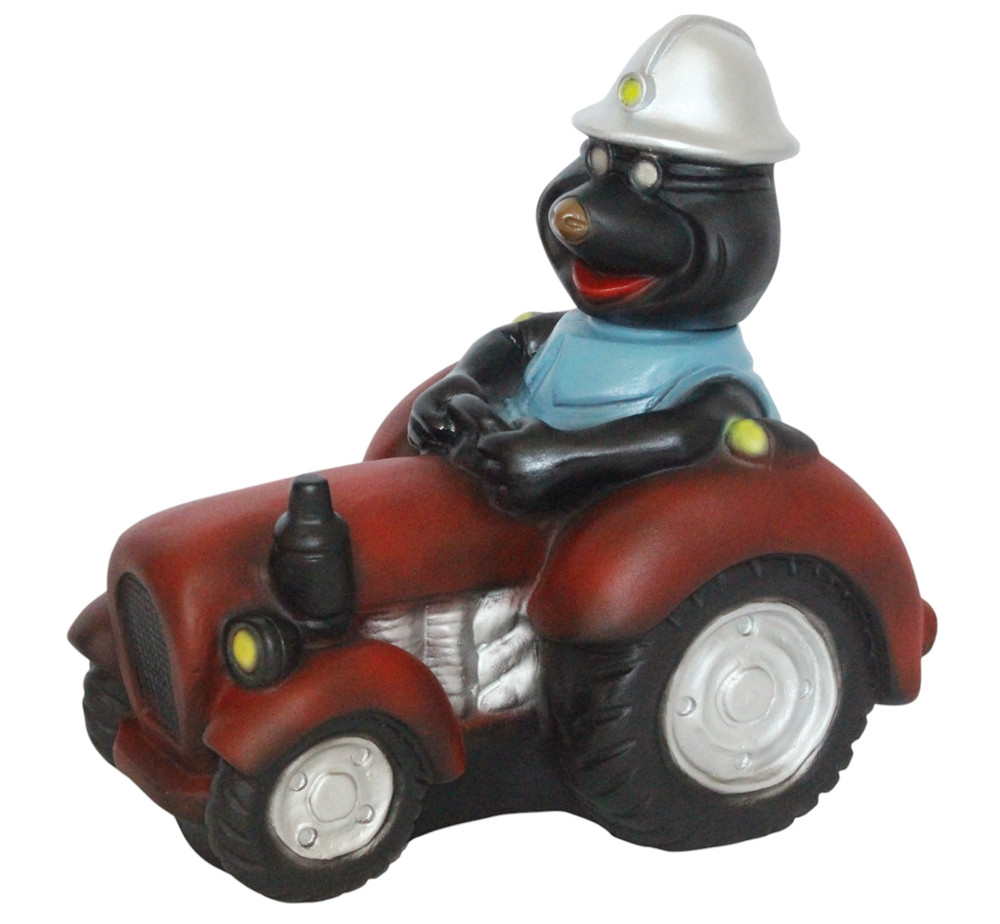 Maulwurf auf Traktor Wackelkopf Figur Höhe 28 cm - Lustige Bergarbeiter-Dekofigur aus Kunststoff