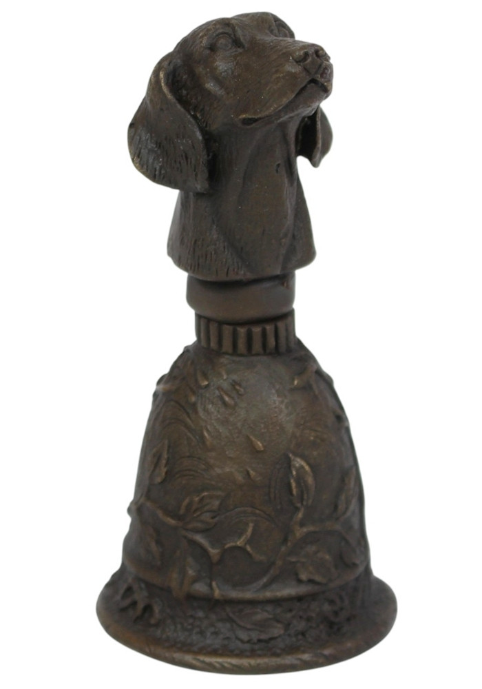 Bronzefigur Hund als Tischglocke H 10 cm Kunstvolle Bronze Handglocke mit Hundekopf Jugendstil Deko