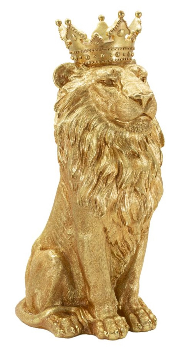 Dekofigur Löwe mit Krone sitzend Tierfigur Skulptur stolzer Löwenkönig Shanti in edlem Gold H 74 cm