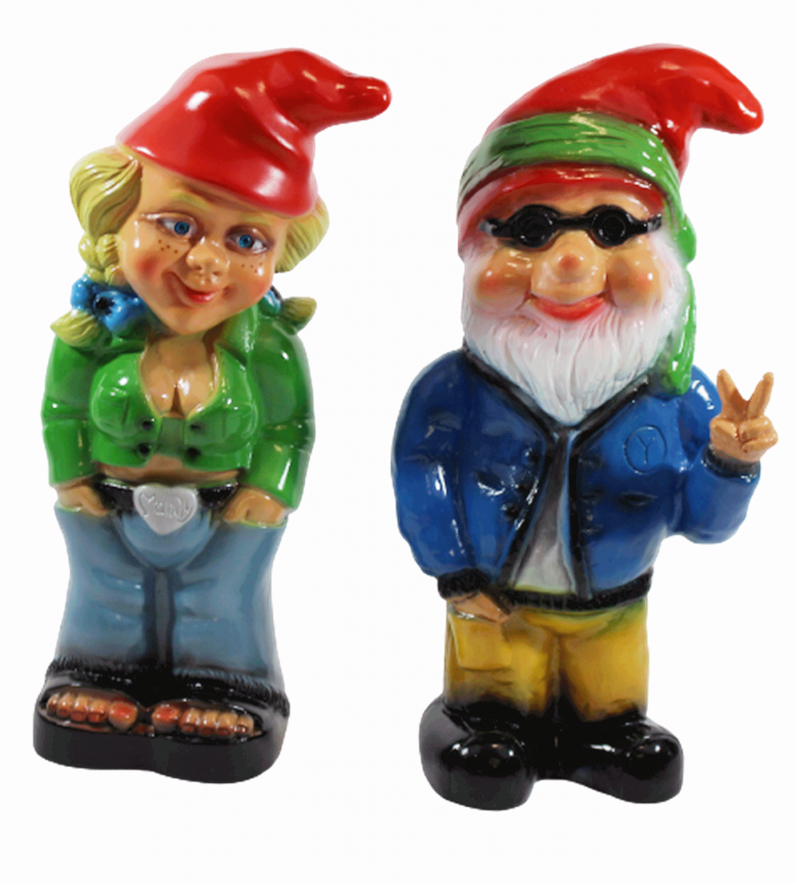 Gartenzwerg Deko Garten Figur Zwerg Zwergenpaar Zwergenfrau und Hippie aus Kunststoff H 32-33 cm