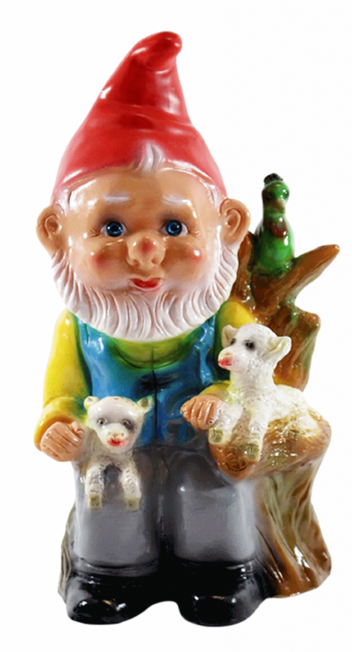 Deko Figur Zwerg H 30 cm Gartenzwerg mit 2 Lämmern und Papagei stehend Gartenfigur aus Kunststoff