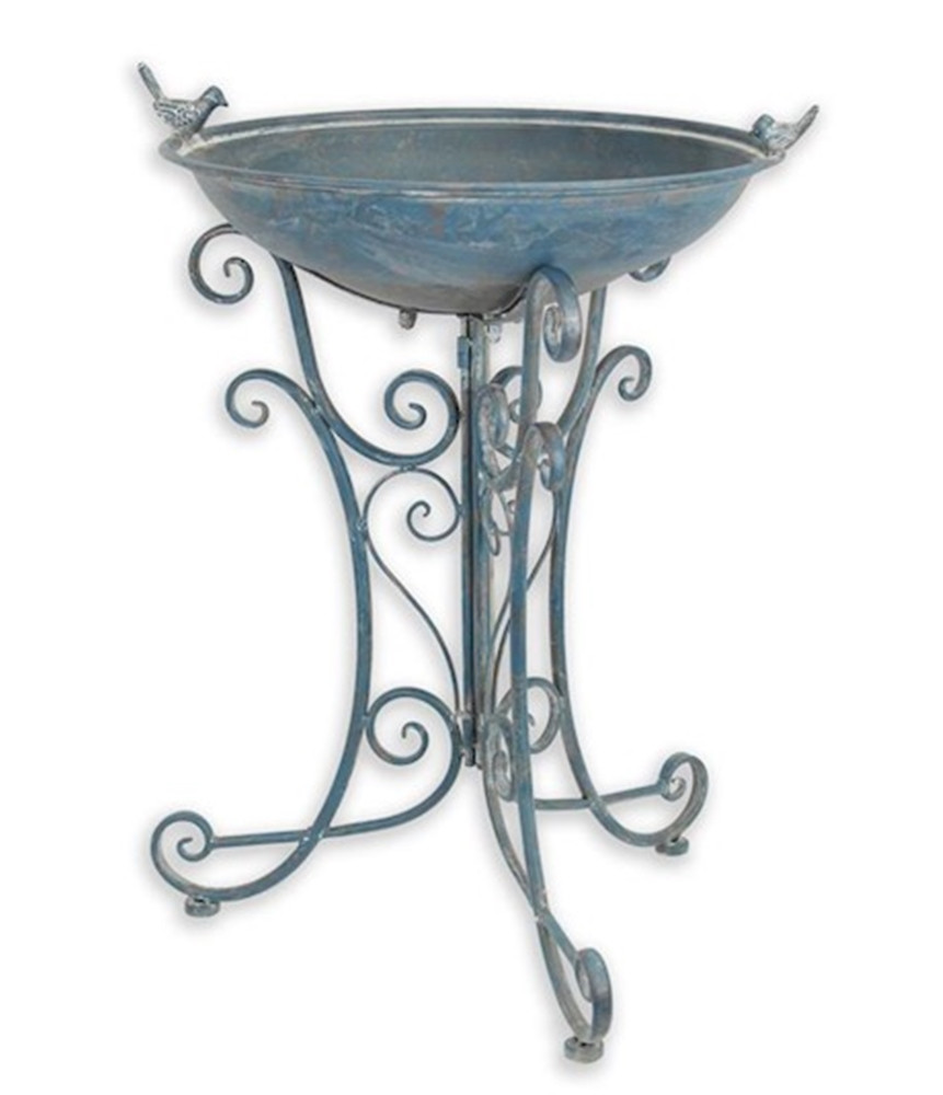 Jugendstil Vogeltränke mit Ständer in blau aus Eisen Romantische Gartendeko Vogelbad, Höhe 73,5 cm