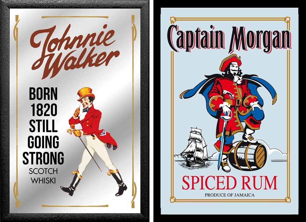 Set: 2 Spiegelbilder Johnny Walker Whisky Captain Morgan 30x20cm Bar Deko Wandbilder Hinterglasdruck