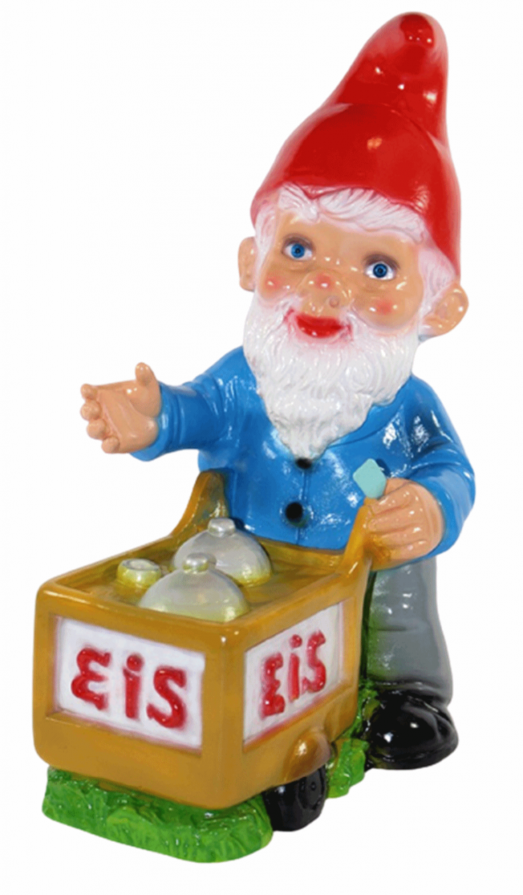 Gartenzwerg Deko Garten Figur Zwerg Eisverkäufer mit mobiler Eisdiele stehend aus Kunststoff H 35 cm