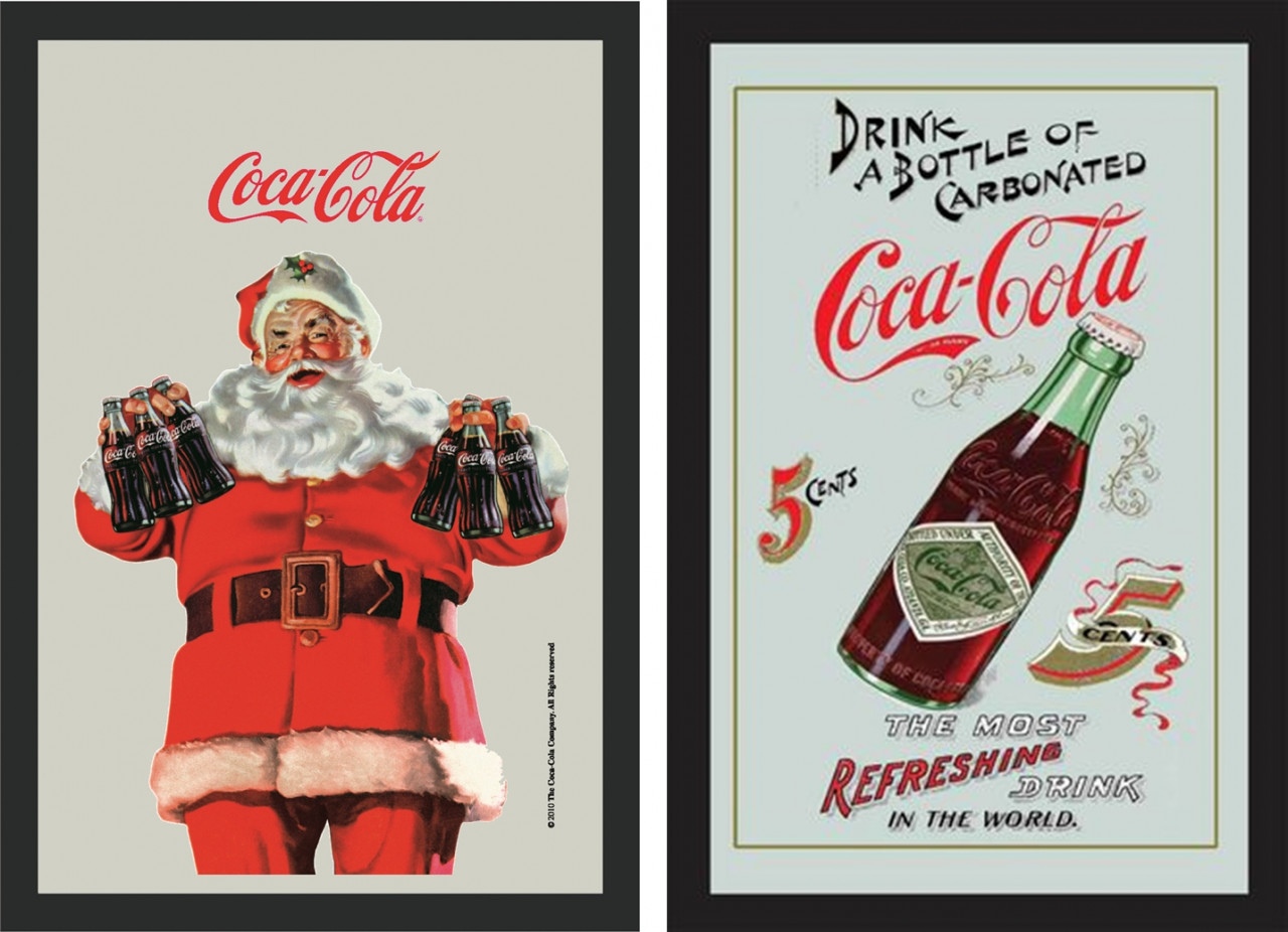 Set: 2 Spiegelbilder Coca-Cola Retro Vintage Weihnachtsmann Cola Flasche 30x20 cm Wandbilder