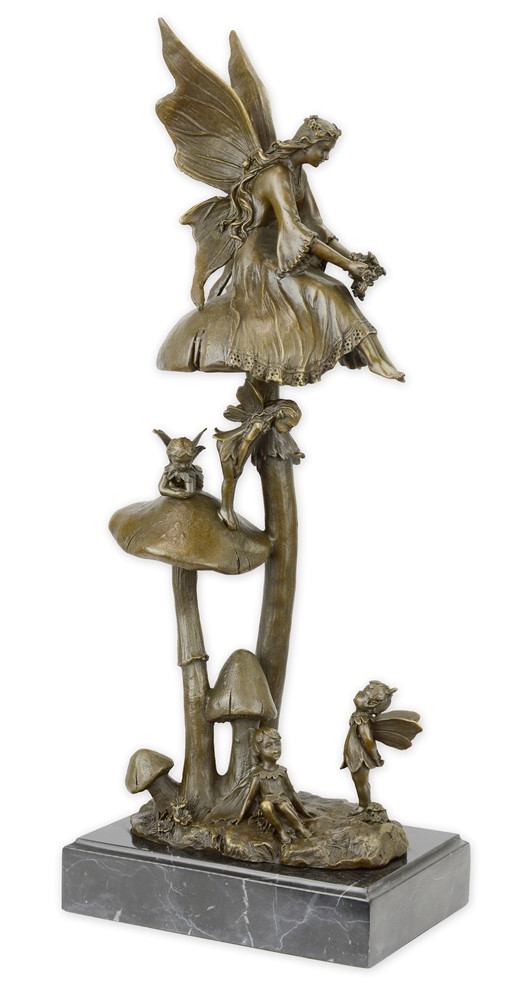 Bronzefigur Bronzeskulptur Feen auf Pilz aus Bronze auf Marmorsockel H 46 cm Fantasie Deko Figur