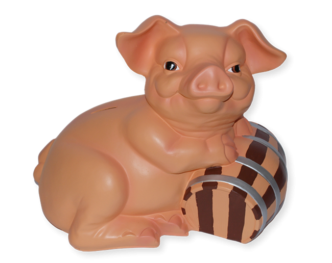 Dekofigur Schwein liegend als Spardose mit Fass H 40 cm aus Kunstharz Tierfigur Deko Ferkel
