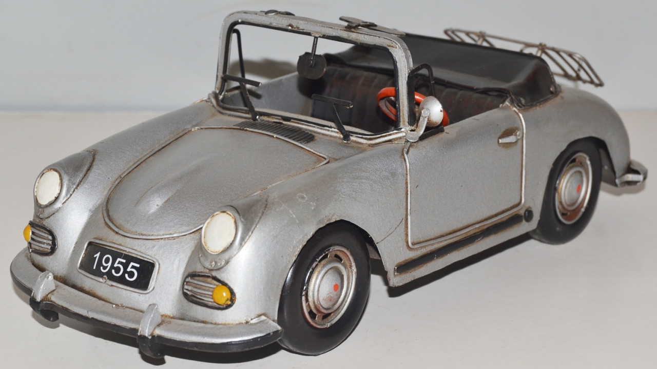 Blechauto Nostalgie Modellauto Oldtimer Porsche 356 Speedster Cabrio Sportwagen Silber L 31 cm