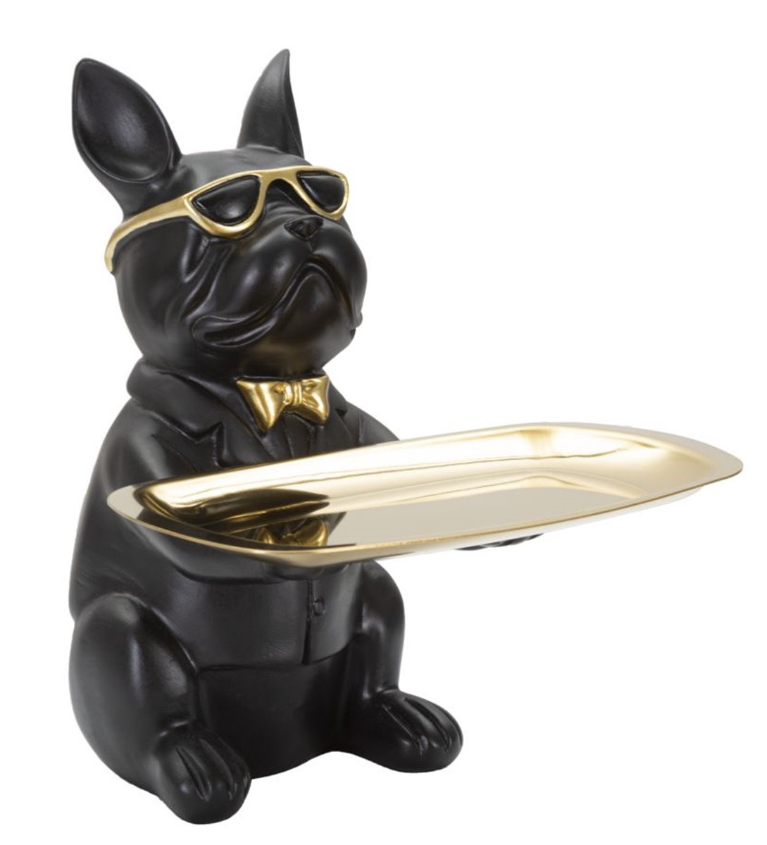 Dekofigur Hund Bulldogge Cool schwarz klein sitzend Tierfigur mit goldenem Tablett Brille H 23,5 cm
