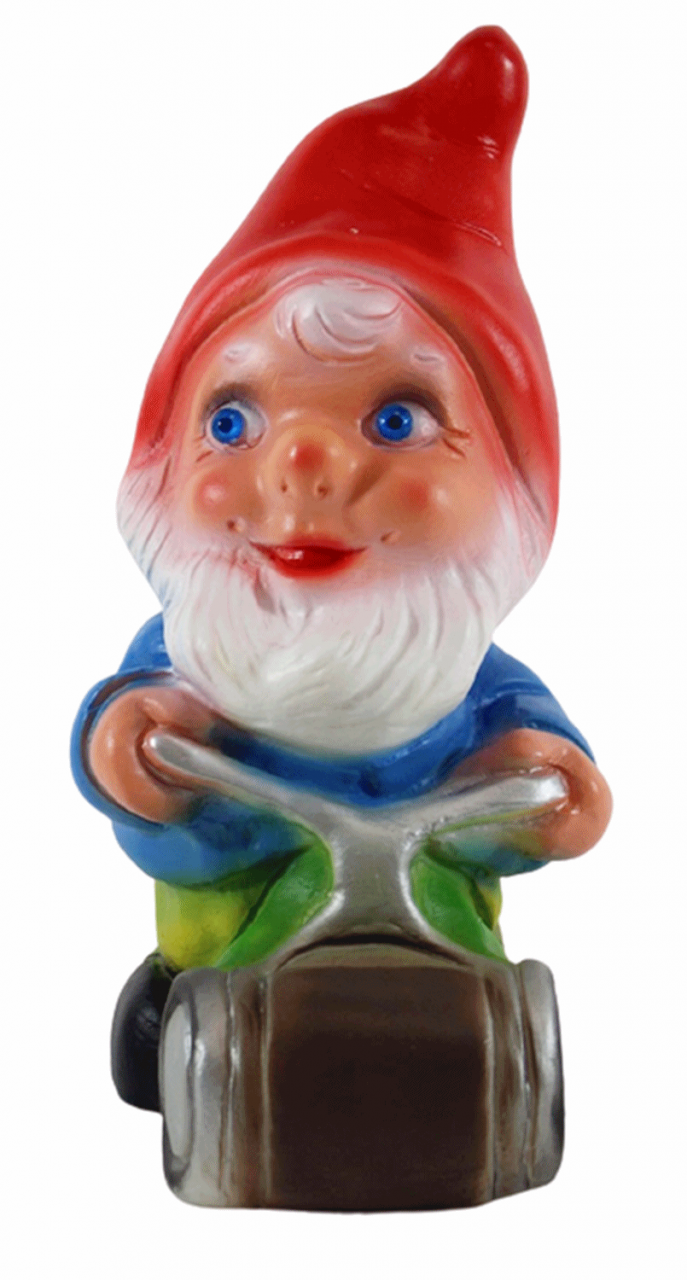 Gartenzwerg Deko Garten Figur Zwerg Gärtner mit Rasenmäher stehend aus Kunststoff Höhe 19 cm