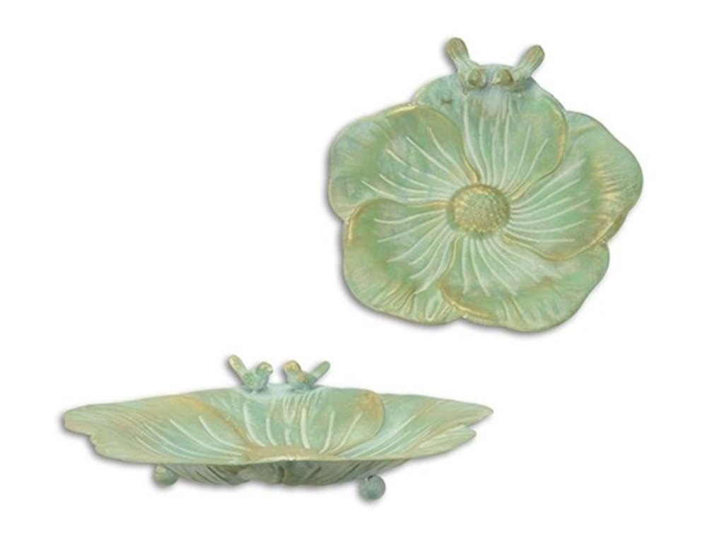 Vogeltränken 2-er Set: in Tellerform grün patiniert Gartendeko Wassertränke Wasserstelle Länge 36 cm