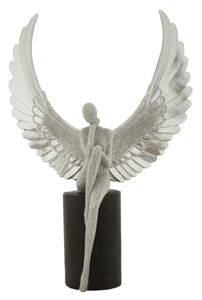 Dekofigur Statue ' Sparky Aufgeweckt ' als Frauenskulptur sitzend mit Flügeln in Silber H 34 cm