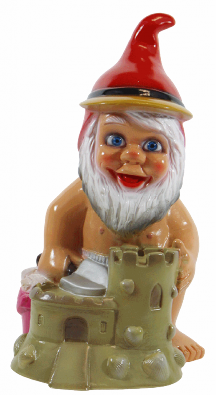 Gartenzwerg Deko Garten Figur Zwerg Kind kniend mit Sandburg und Schaufel aus Kunststoff H 31 cm