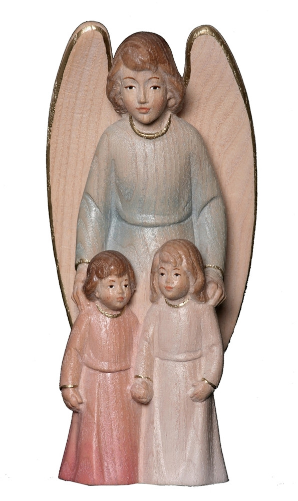 Schutzengel mit Kindern H 12 cm Engel Holzfigur Deko Statue aus Ahornholz
