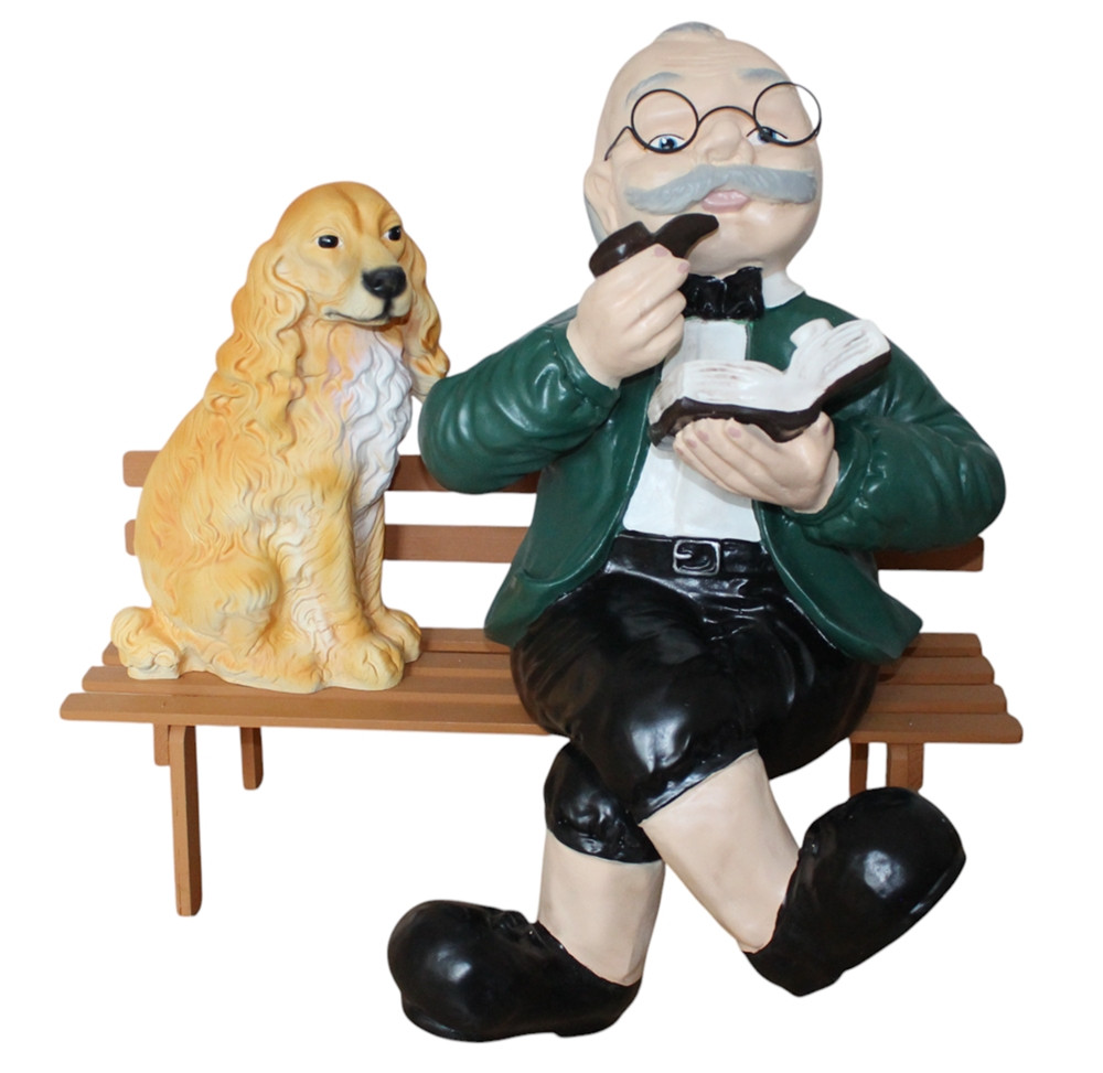Dekofigur Opa mit Hund auf Bank Gartenfigur H 60 cm - wetterfeste Deko aus Kunstharz für den Garten