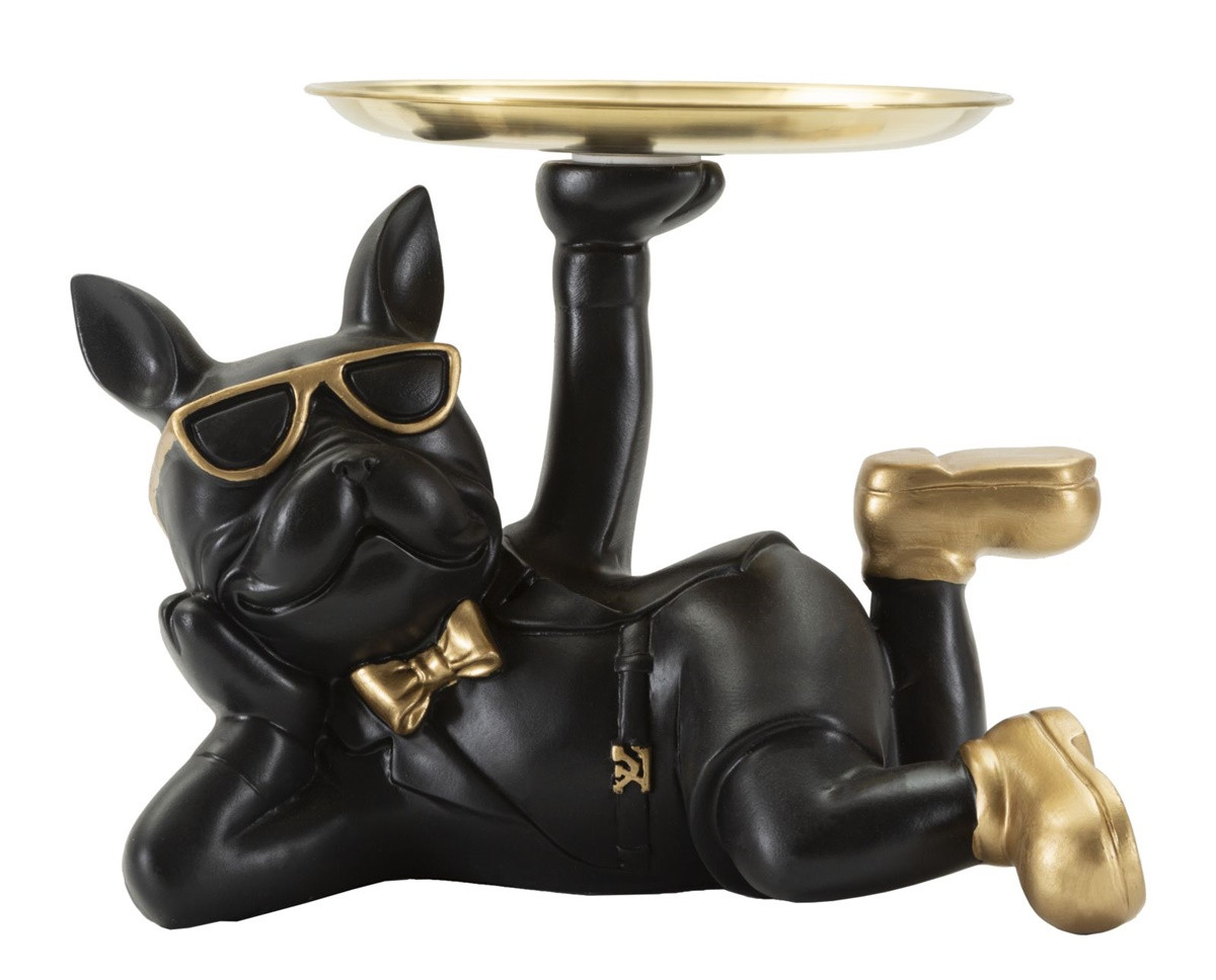 Dekofigur Hund Rover Cool schwarz klein liegend Tierfigur mit goldenem Tablett Brille H 18,5 cm