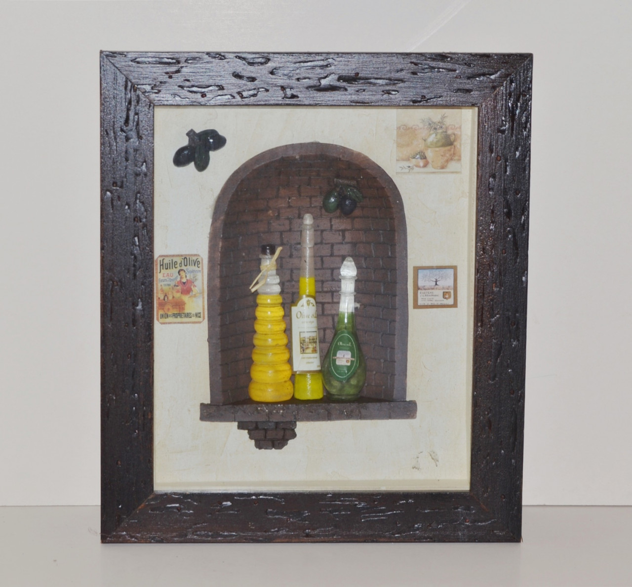 Nostalgie Bild Collagenbild Olivenöl Essig Restaurant Holzbilderrahmen zweidimensional Foto H 34 cm