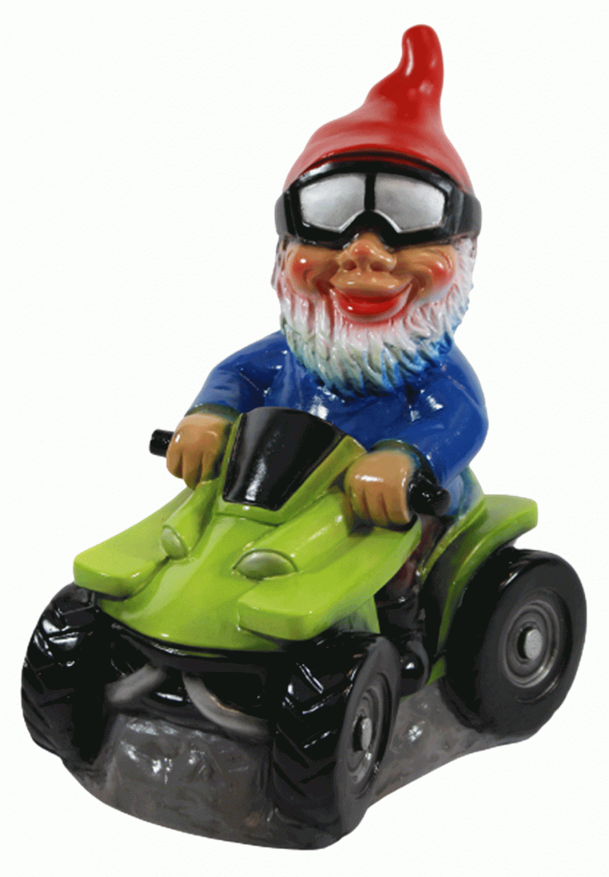 Gartenzwerg Deko Garten Figur Zwerg sitzend auf Quad mit Schutzbrille aus Kunststoff H 29 cm