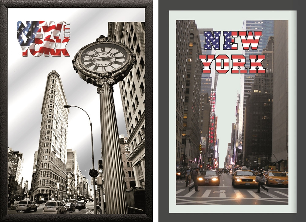 Set: 2 Spiegelbilder New York Clock Taxi Bild 30x20 cm Deko Wandbilder Hinterglasdruck mit Rahmen