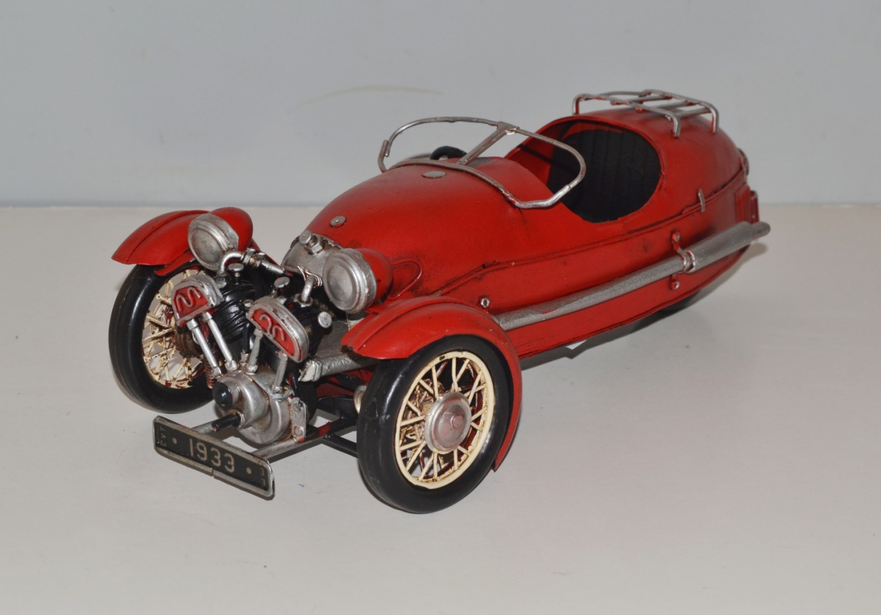 Blechauto Nostalgie Modellauto Oldtimer Automarke Morgan Threewheeler Modell 1933 aus Blech L 34 cm