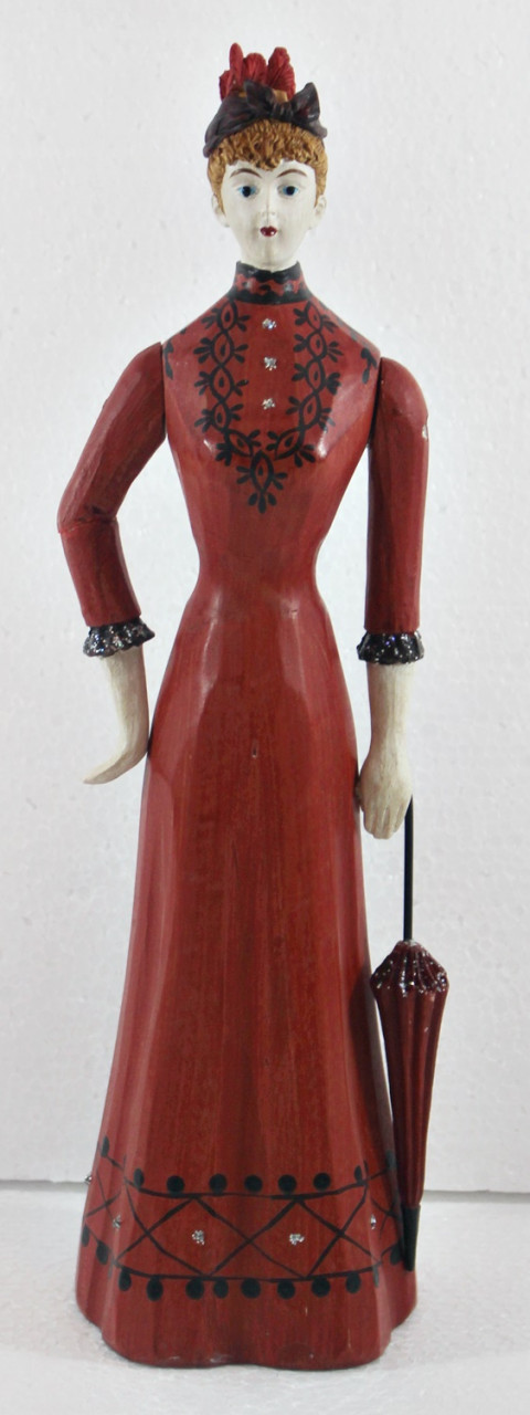 Modefigur Beauty Figur Deko Modepuppe Nostalgiefigur Dame rotes Kleid mit Schirm aus Holz H 30 cm