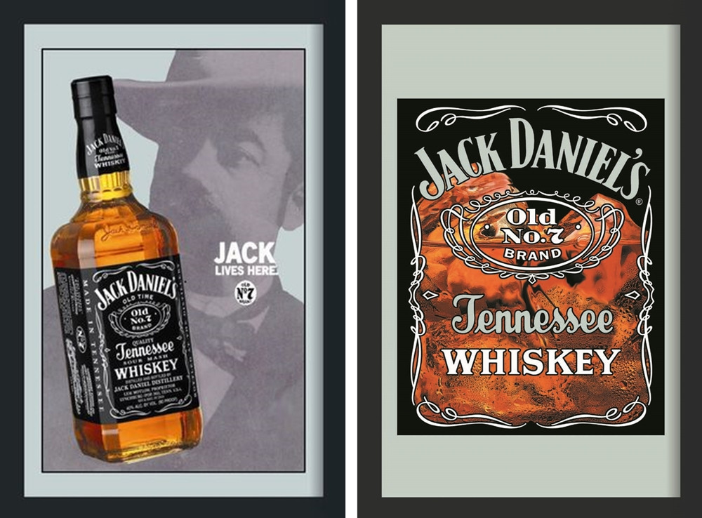 Set: 2 Spiegelbilder Jack Daniel's Whisky Flasche & Emblem 30x20 cm Hinterglasdruck mit Rahmen