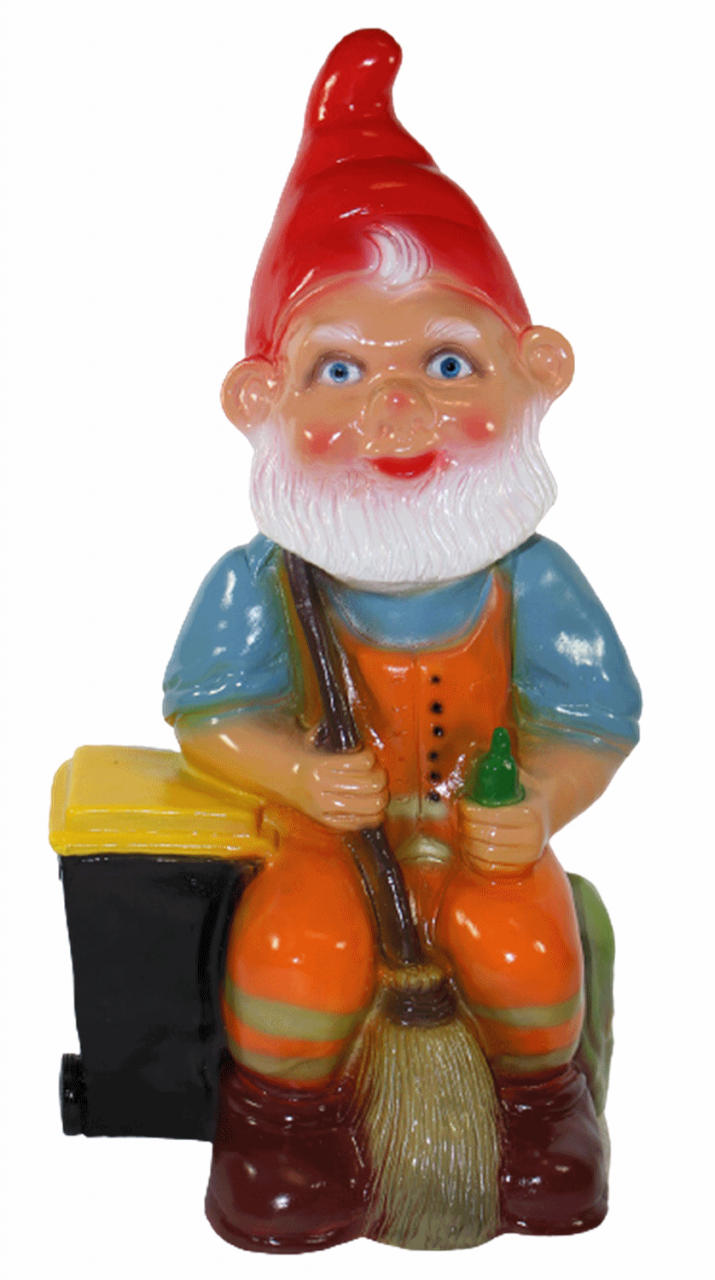 Gartenzwerg Deko Garten Figur Zwerg Straßenkehrer sitzend mit Besen aus Kunststoff H 46 cm