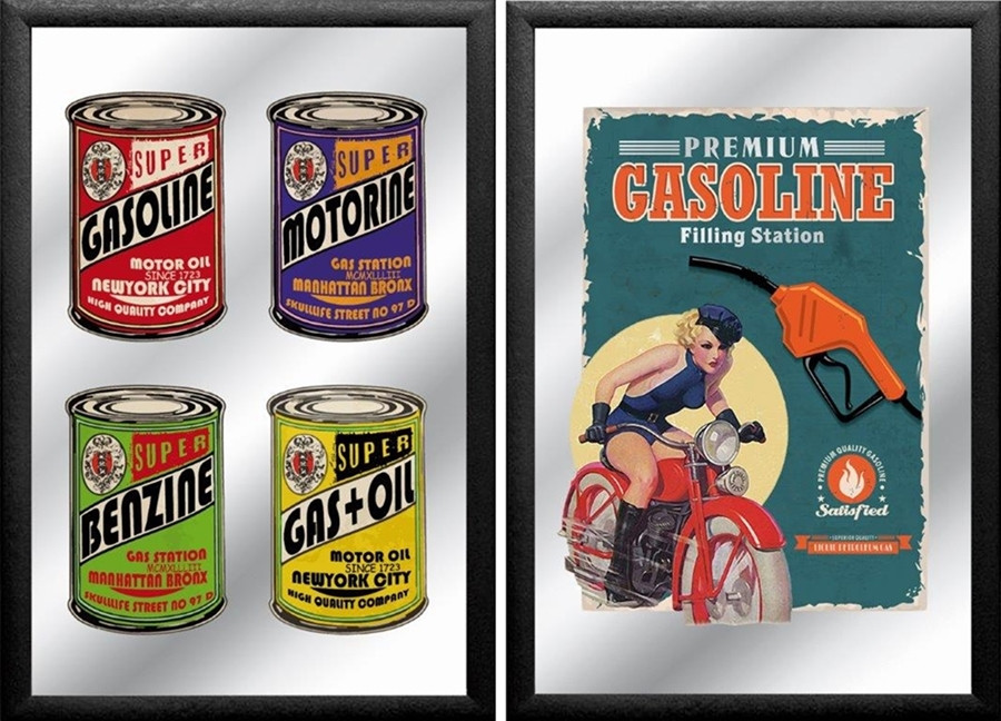 Set: 2 Spiegelbilder Garage Retro Bild Gasoline Benzin Pin-Up 30x20 cm Wandbilder Hinterglasdruck