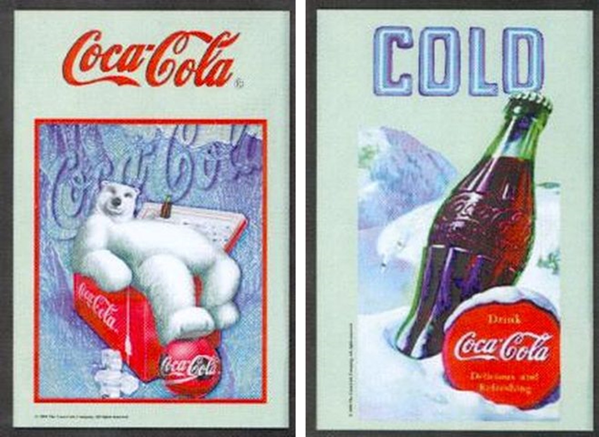 Set: 2 Spiegelbilder Coca-Cola Flasche Vintage Eisbär in Gefrierbox 30x20 cm Wandbilder