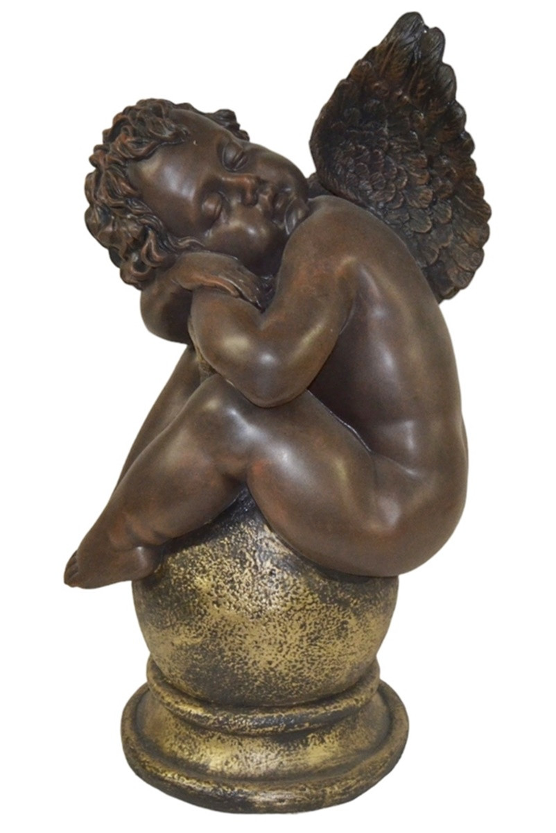 Deko Figur Engel schlafend auf Kugel - Höhe 60 cm - Dekofigur aus Resin bronzefarben