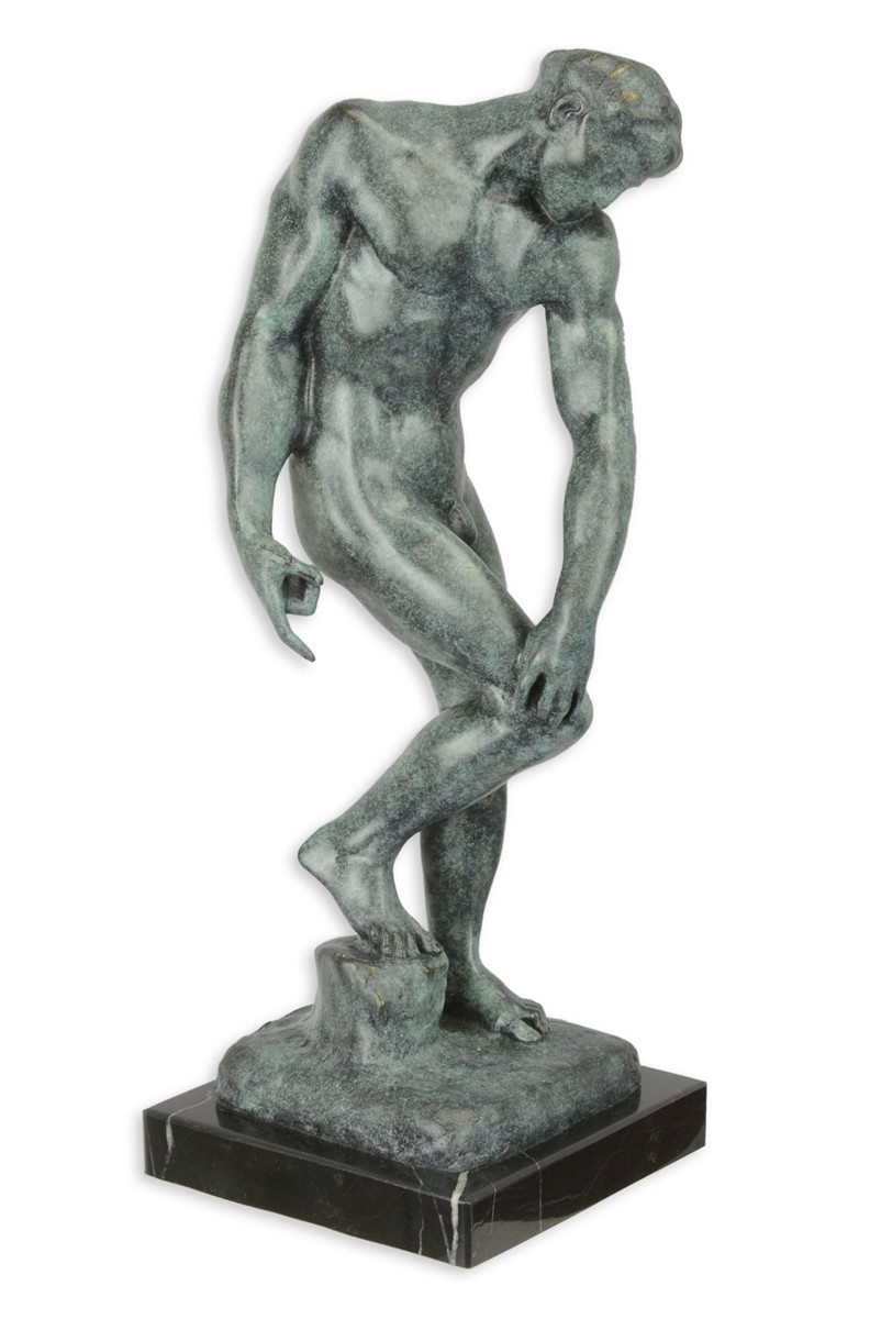 Bronzefigur Bronzeskulptur 'Männlicher Akt Adam” nach Rodin aus Bronze auf Marmorsockel H 29 cm