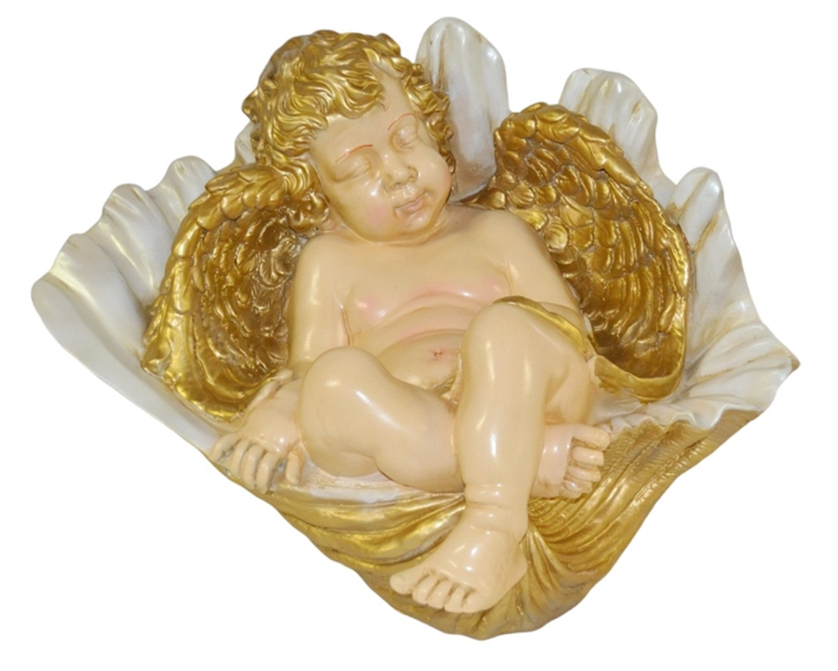 Deko Figur Engel in Muschel schlafend - Breite 44 cm - Dekofigur aus Resin in weiß, gold