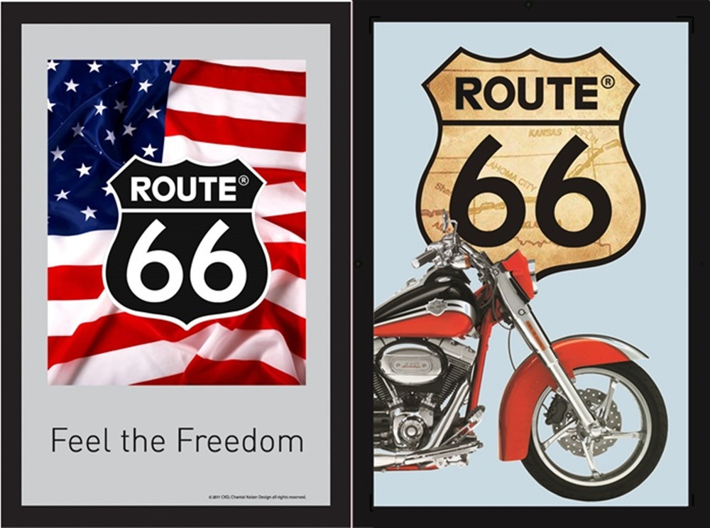 Set: 2 Spiegelbilder Route 66 USA Flagge & Motorrad Bild 30x20 cm Deko Wandbilder Hinterglasdruck