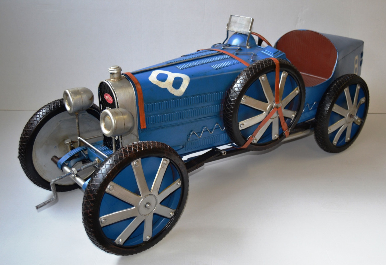 Blechauto Nostalgie Modellauto Oldtimer Automarke Bugatti Type 35C Blau XXL Modell aus Blech L 120cm