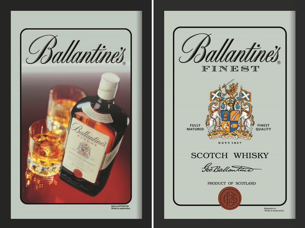 Set: 2 Spiegelbilder Ballantines Whisky Flasche Emblem 30x20 cm Hinterglasdruck mit schwarzen Rahmen
