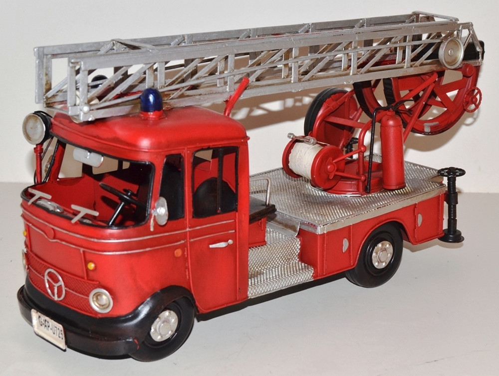 Blechauto Nostalgie Modellauto Oldtimer Mercedes-Benz L 405 Feuerwehr Drehleiter aus Blech L 38 cm