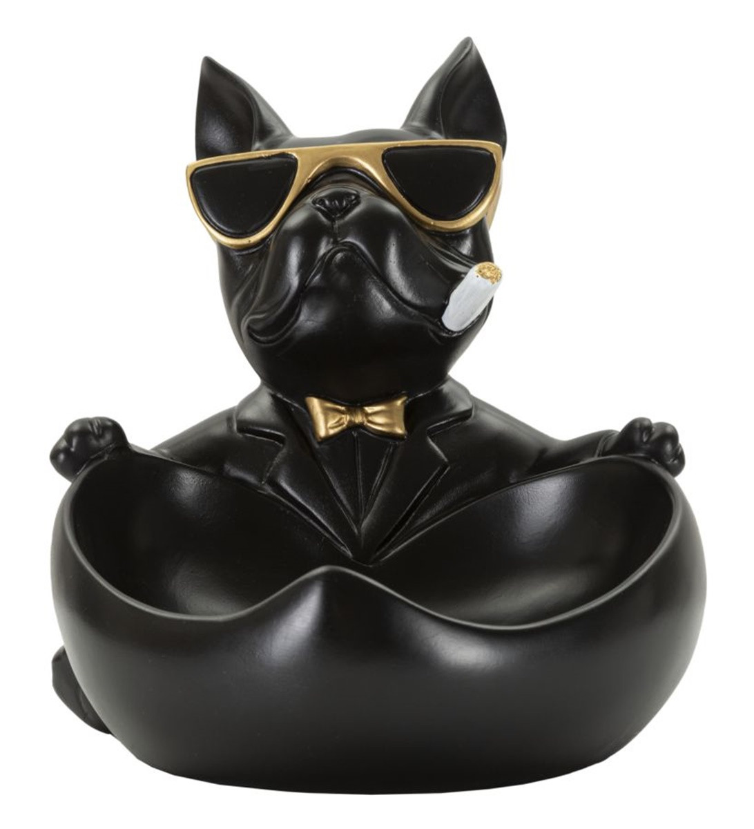 Dekofigur Hund Ball Cool schwarz klein sitzend mit Brille vor großem Napf als Behälter H 20 cm
